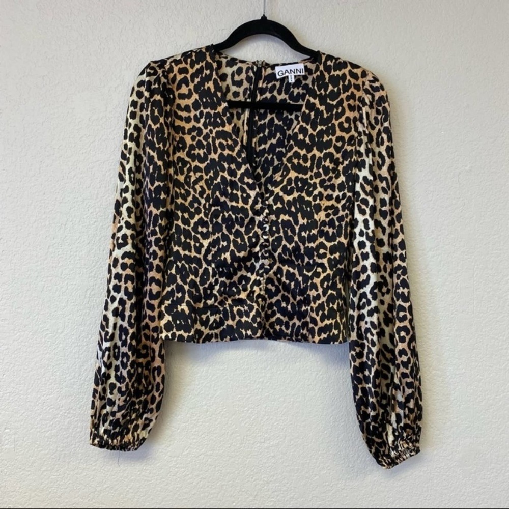 GANNI Leopard Print Silk Satin Blouse Top sz S - Picture 3 of 8